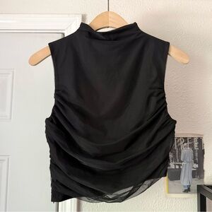 NAKEDVICE‎ black mesh knit ruched mock funnel neck sleeveless tank asymmetrical